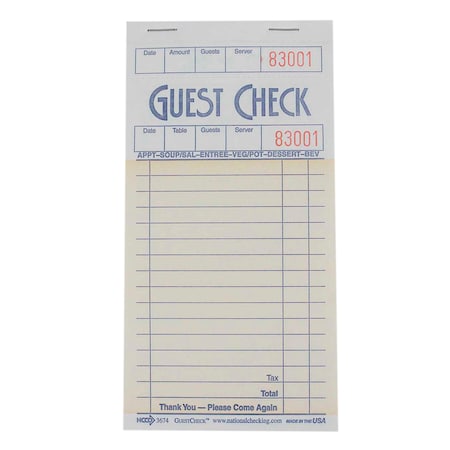 National Checking 3.5"x6.75" 1 Part Salmon 13 Line Guest Check 50 Checks, PK50 S3674